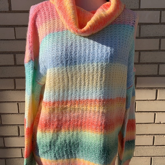 Love Riche Coral Pink Blue Rainbow Stripe Cow Neck Oversized Sweater NWT - Picture 5 of 11